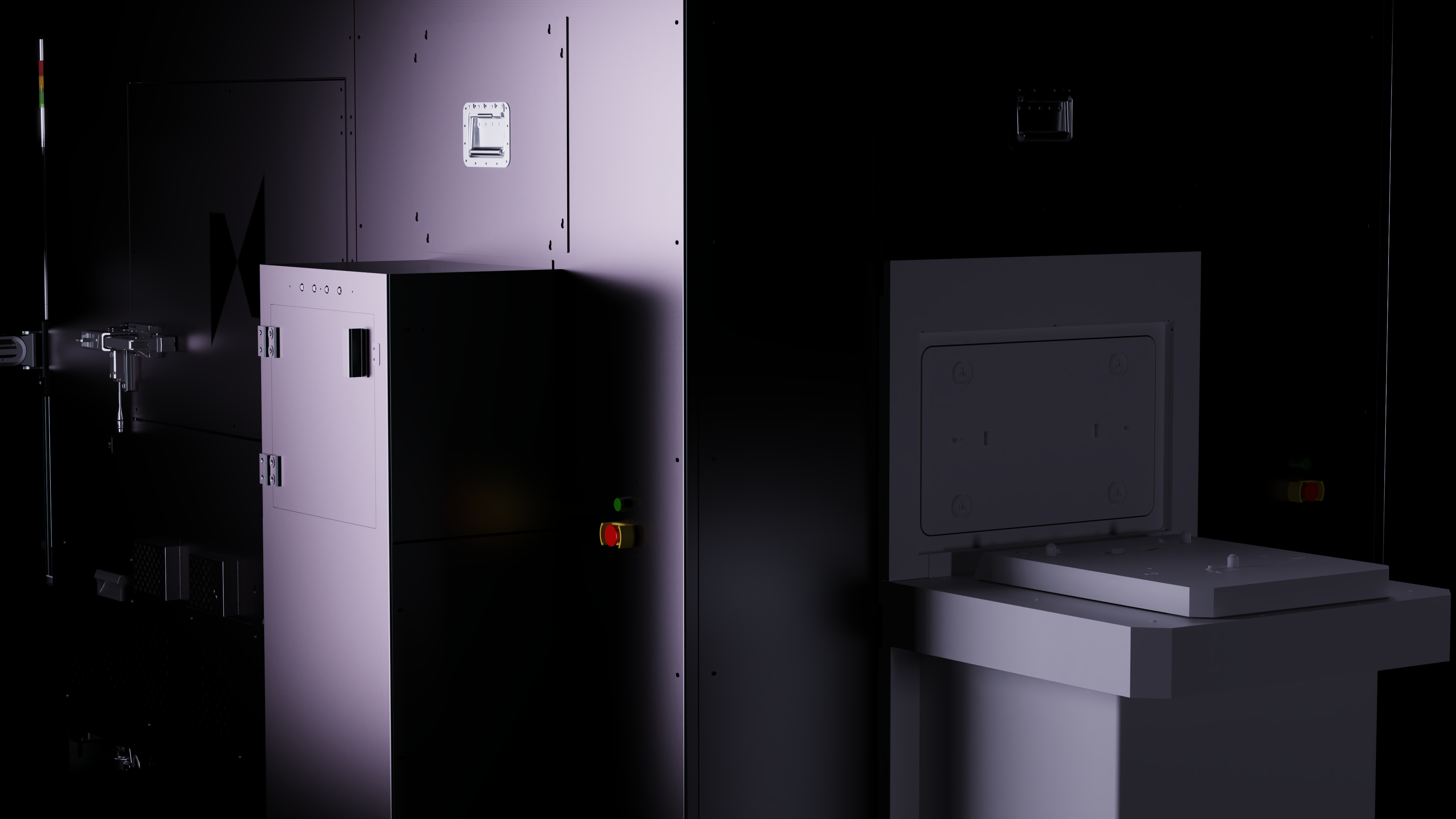 Corner shot of an nSpec TURBO, showing the two attached platforms for loading semiconductor wafers