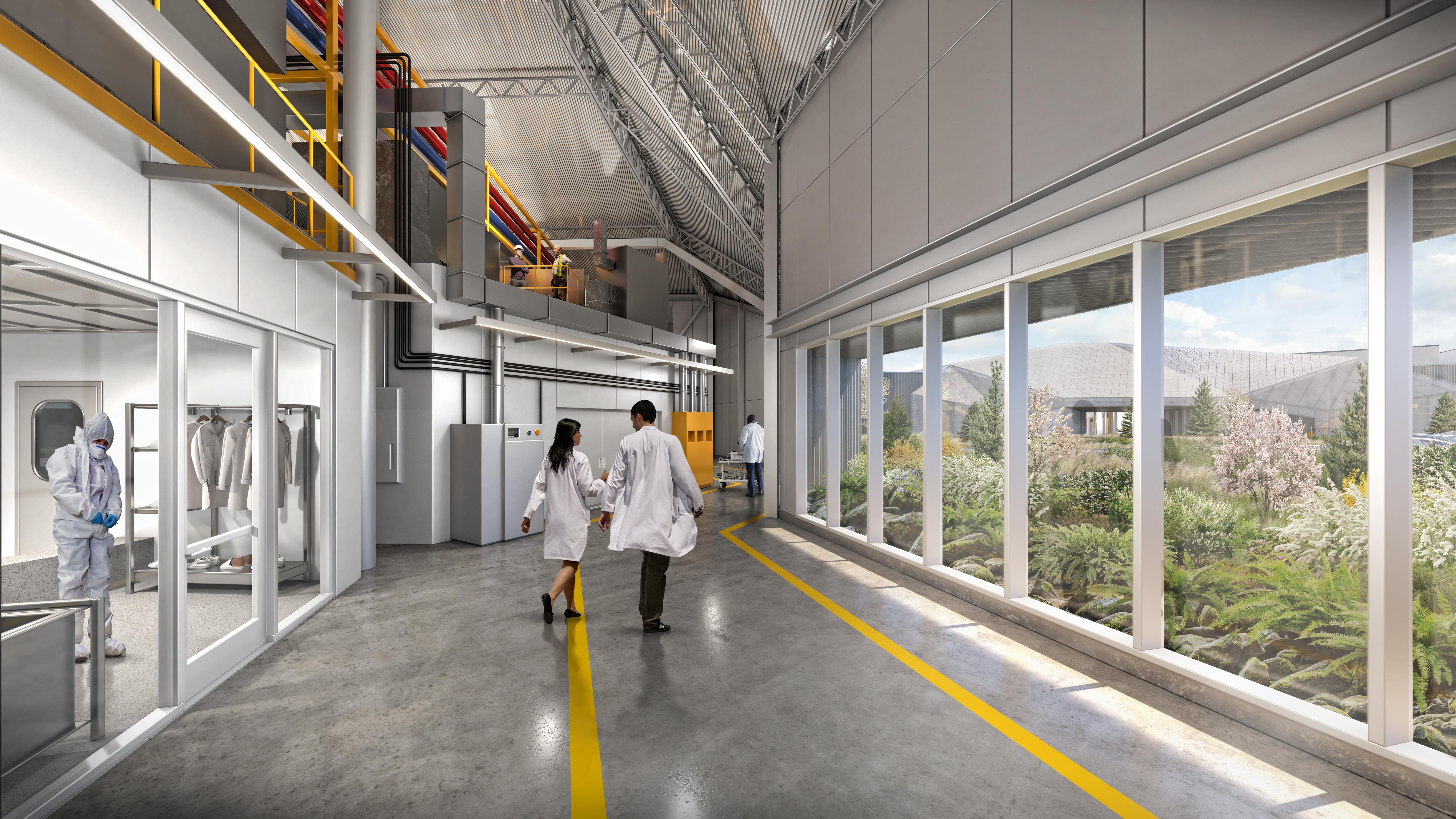 process engineers in white lab coats walking in a semiconductor fab with windows and a view of a garden