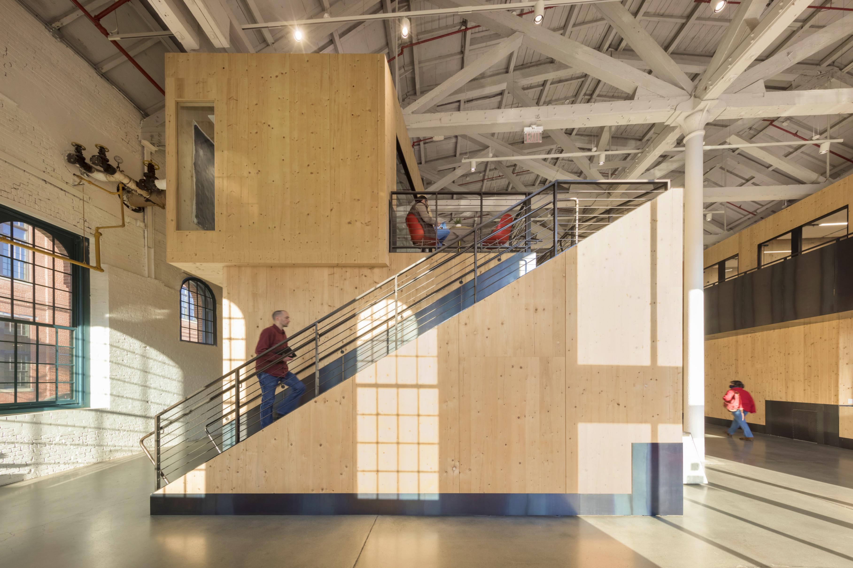 interior of Nanotronics Headquarters, modern staircase in industrial building