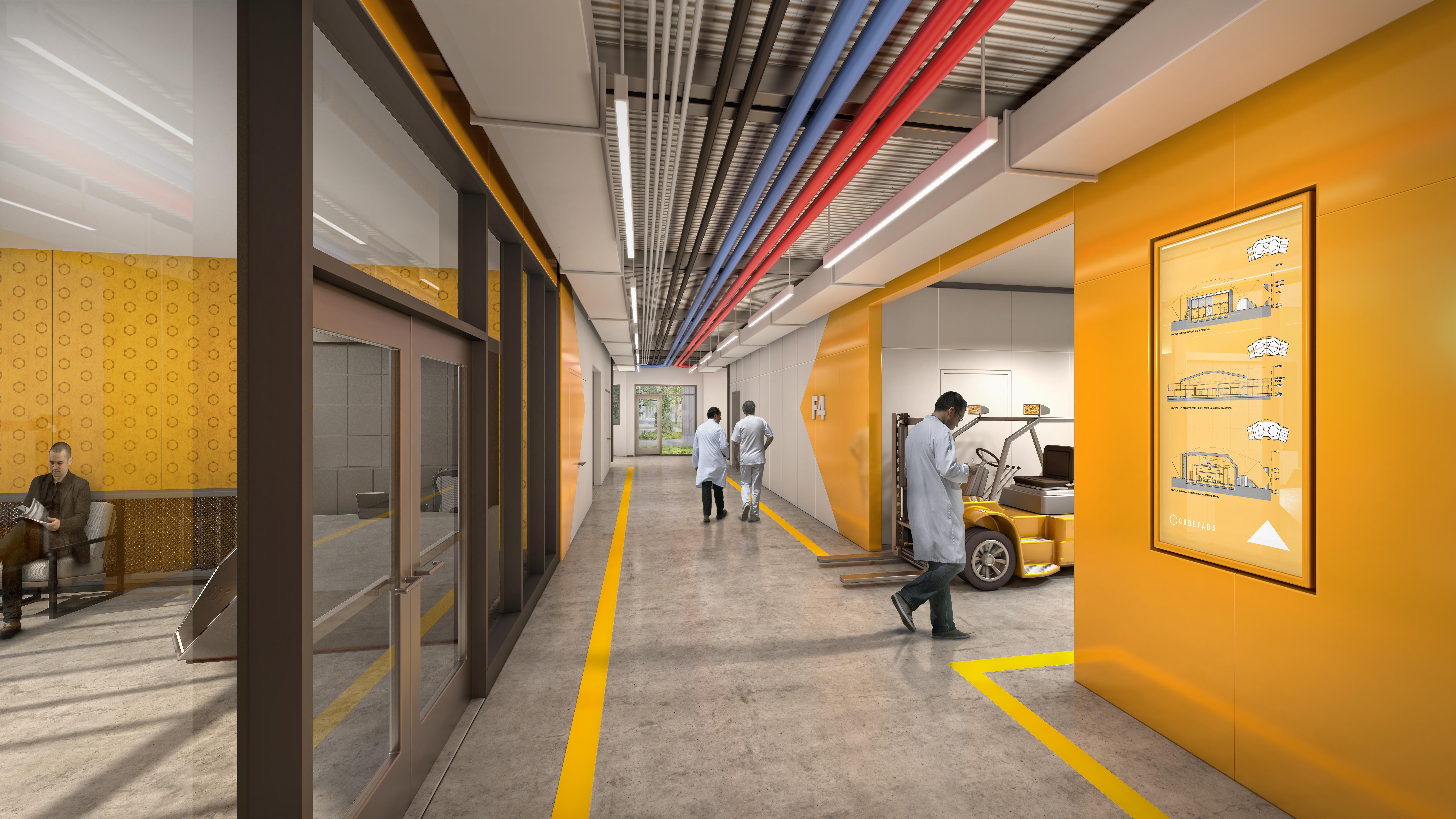 Hallway of semiconductor fab with engineers in lab coats