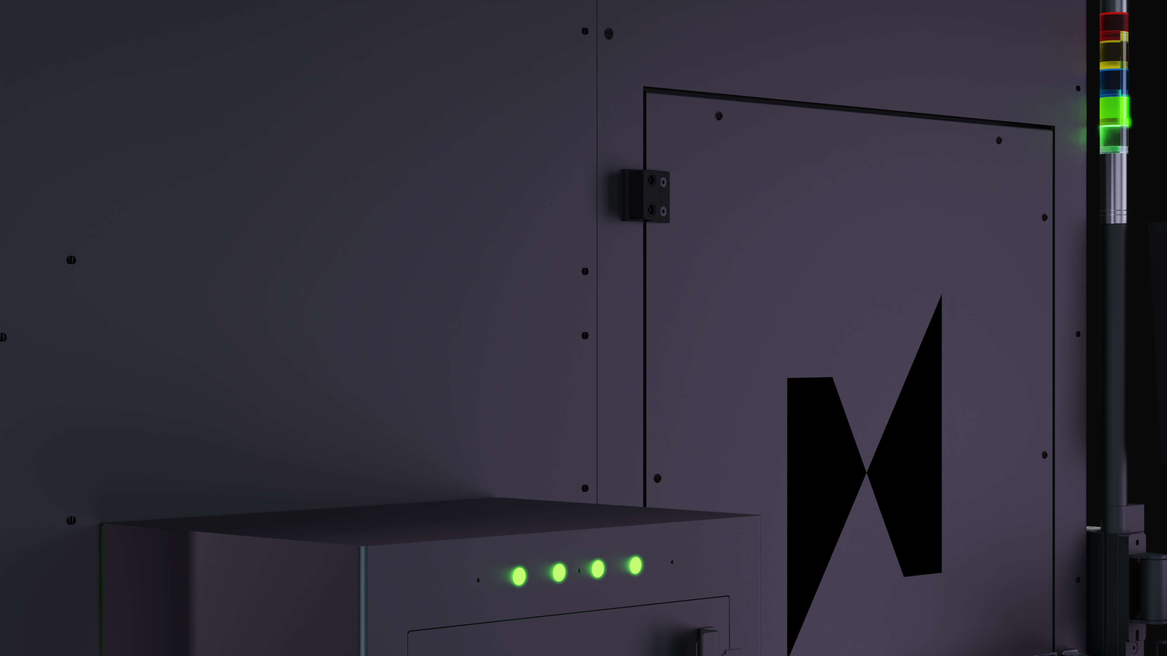 Close up shot of an nSpec CPS with the green lights on the attached light tower and load station glowing