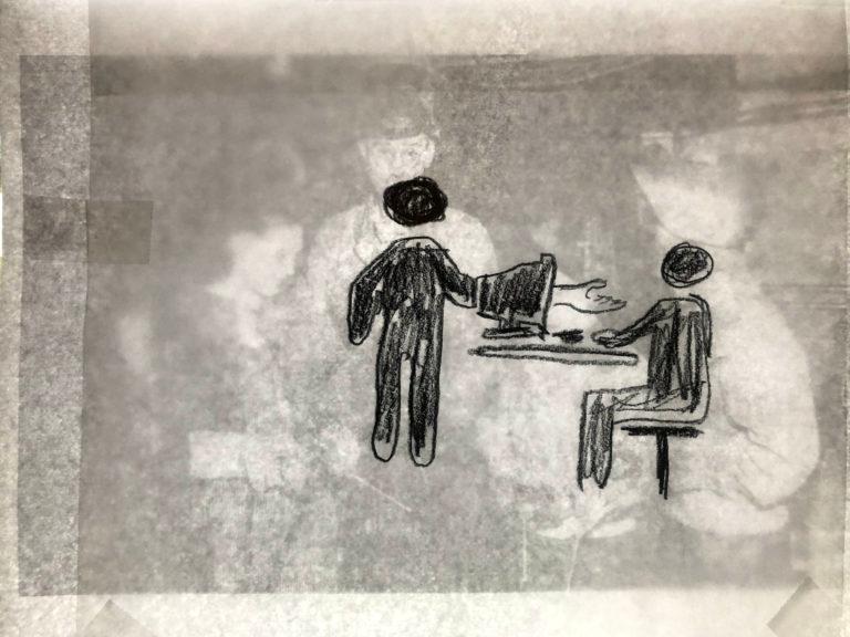 Hand drawn image of a waiter serving a man seated at a table by James J. Williams III