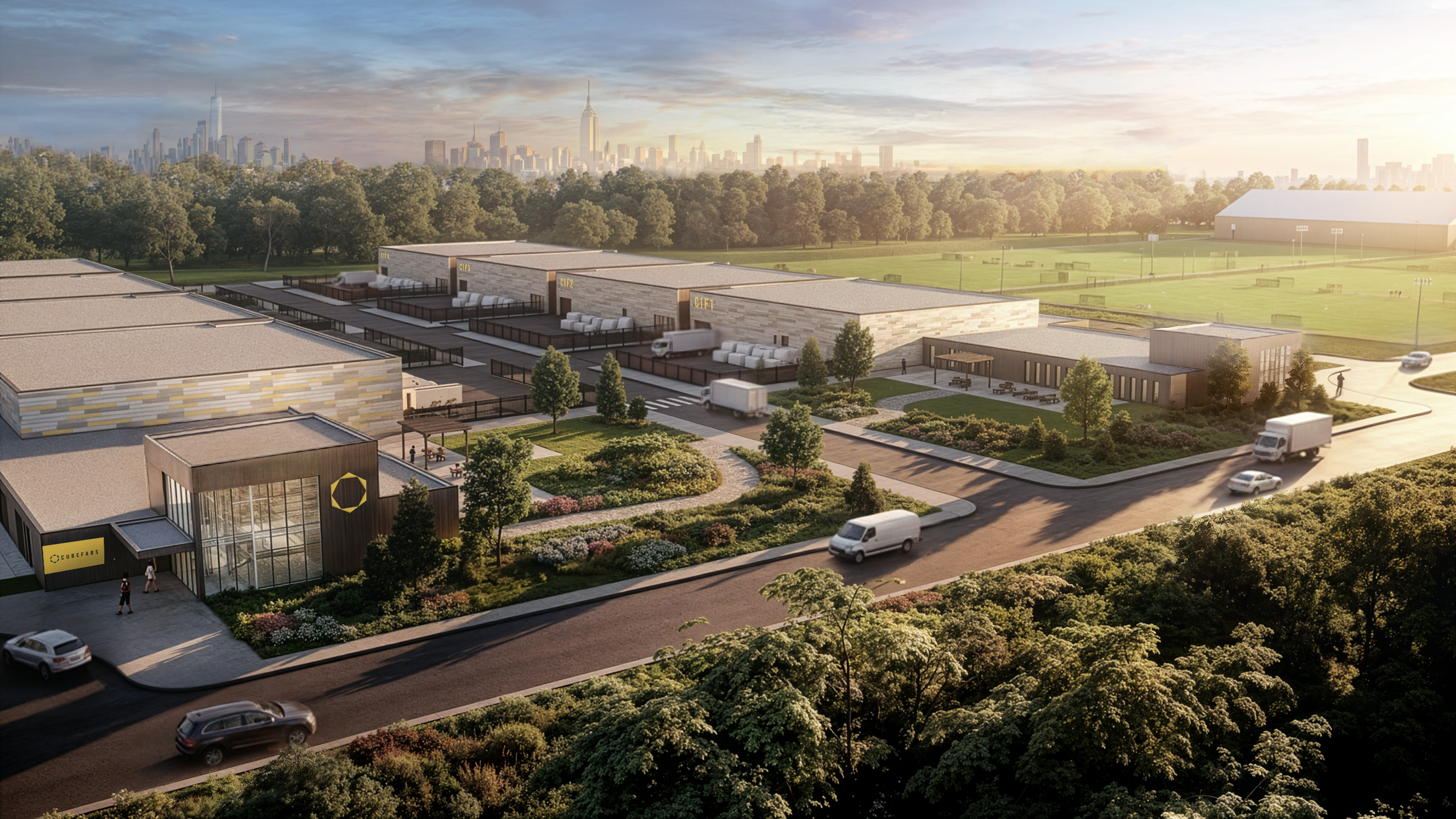 CubeFabs AI factories next to soccer fields in Long Island, NY