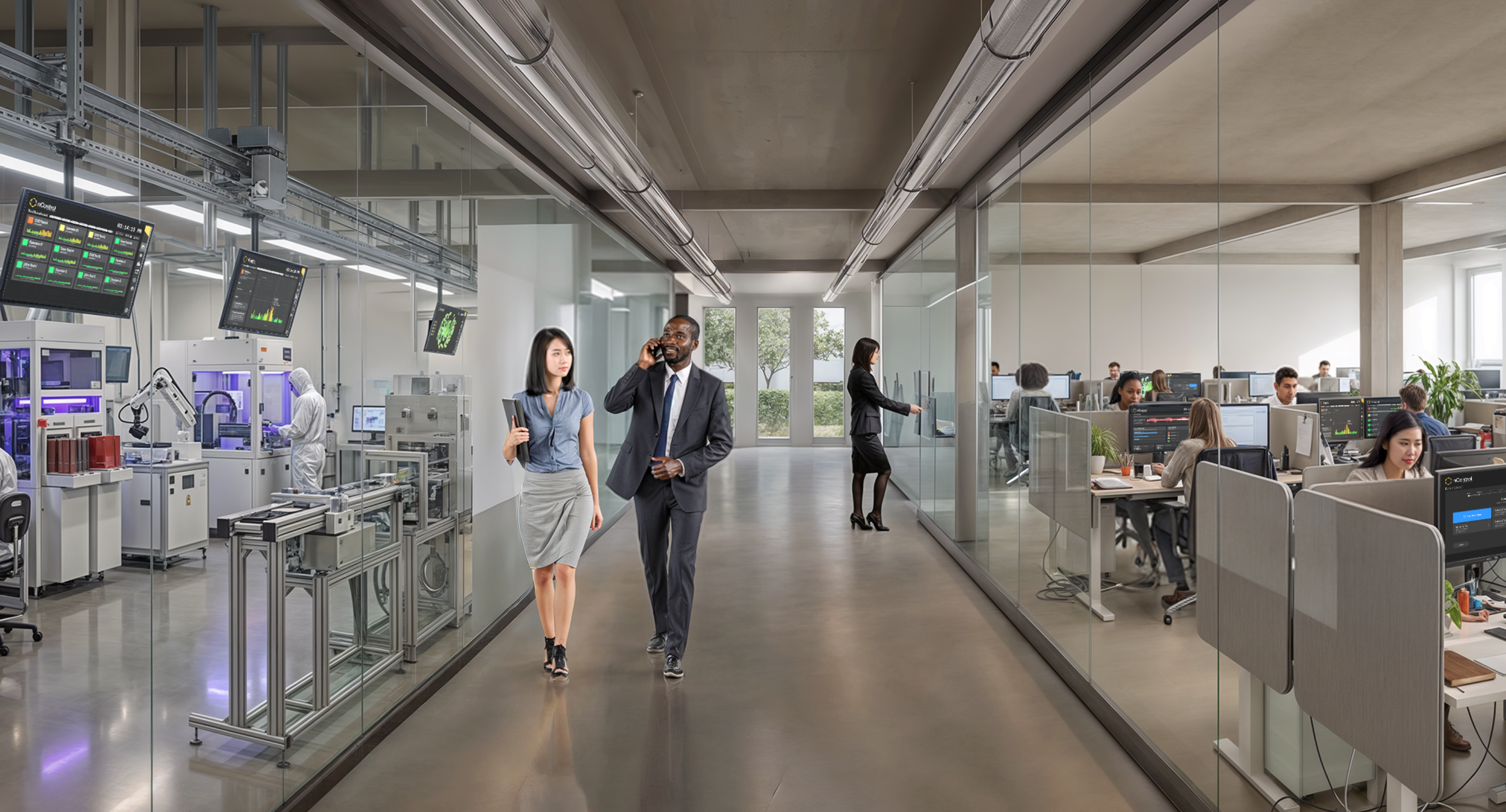 process engineers in white lab coats walking in a semiconductor fab with windows and a view of a garden