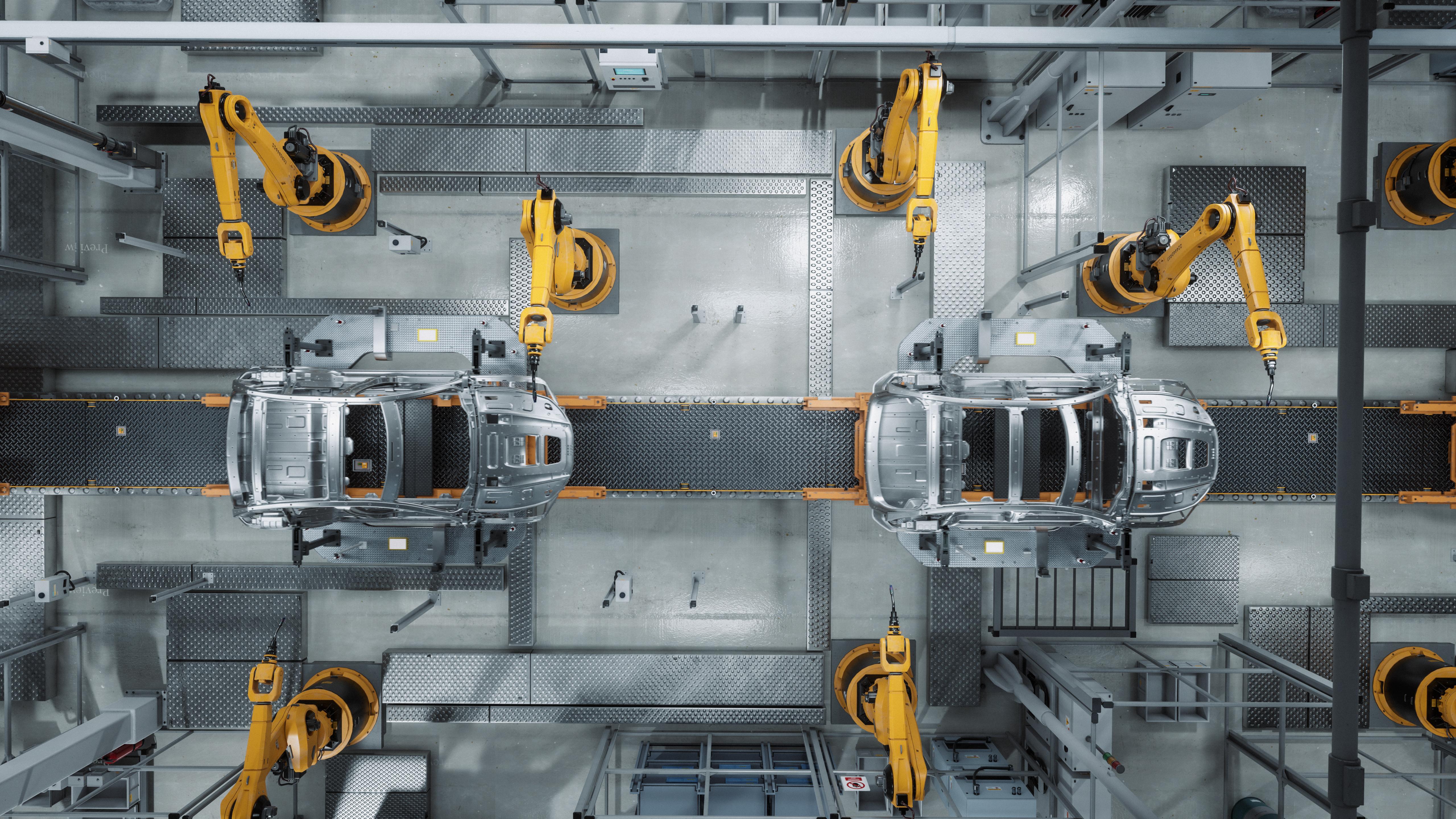 Automotive assembly line with industrial robotic arms