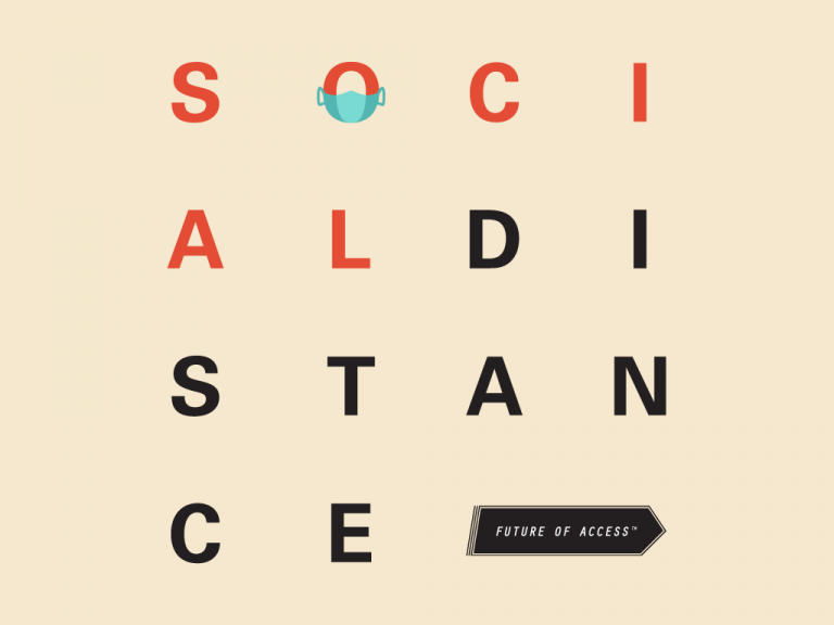 Image of the words "Social Distance" in which each letter is more spaced out and the "O" is wearing a mask. This is followed by an arrow saying "Future of Access", the title of a gathering to discuss the switch to remote work during COVID.