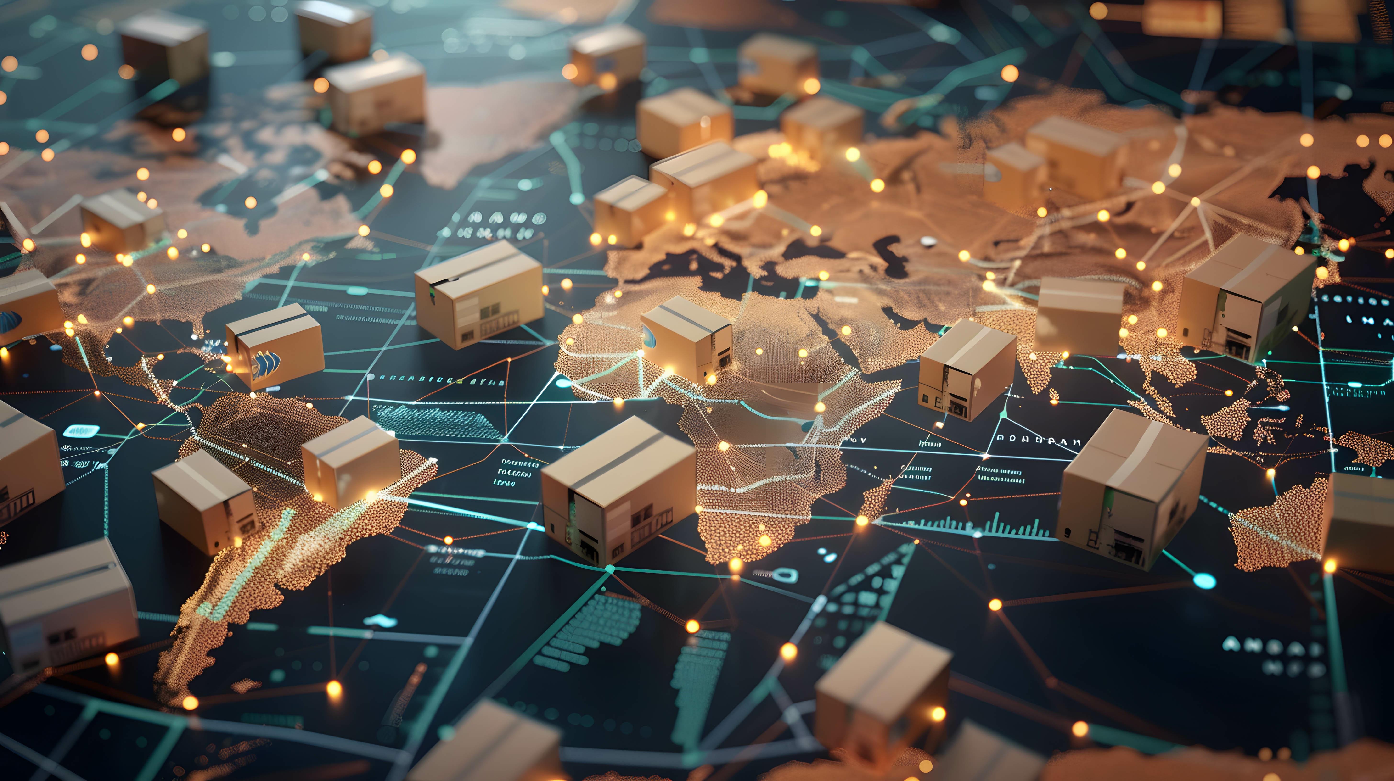 Product delivery that uses technology to help Increase speed and reduce costs to be more efficient, box package on world map