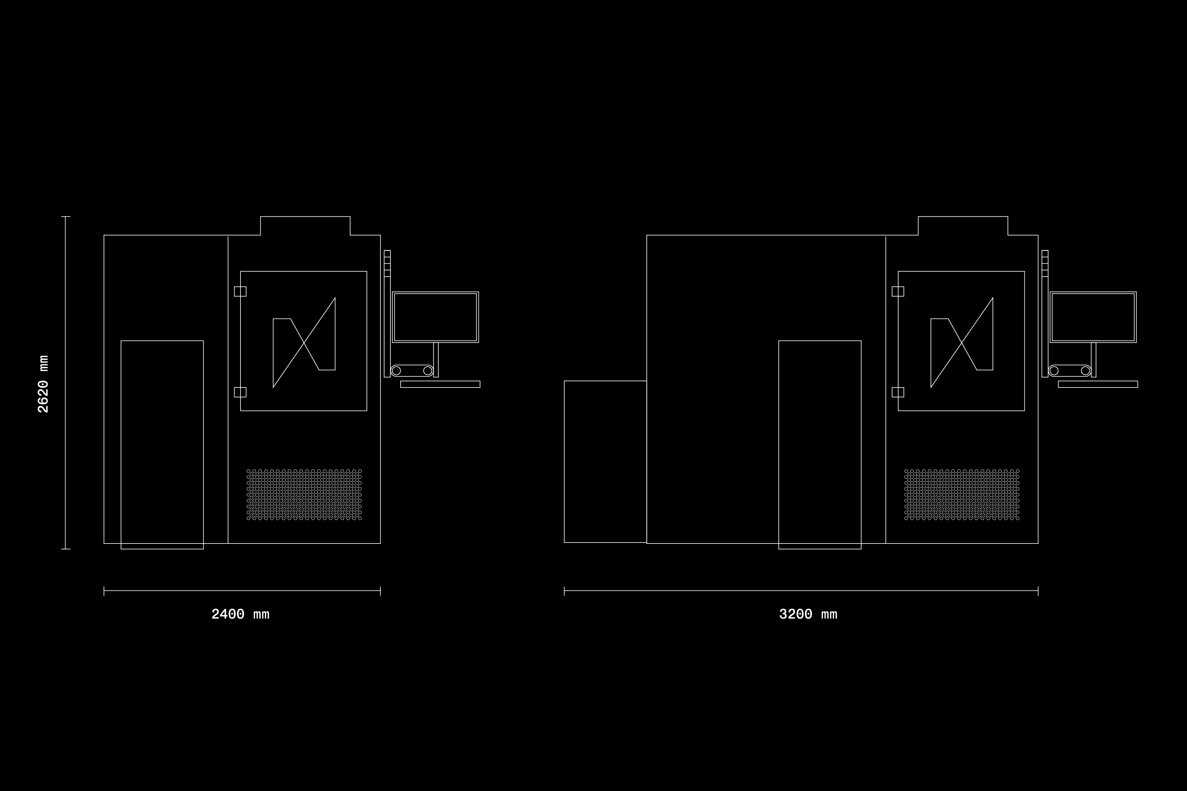 Line drawing an nSpec TURBO, a semiconductor wafer inspecting device, showing the dimensions of the 350mm and 650mm versions