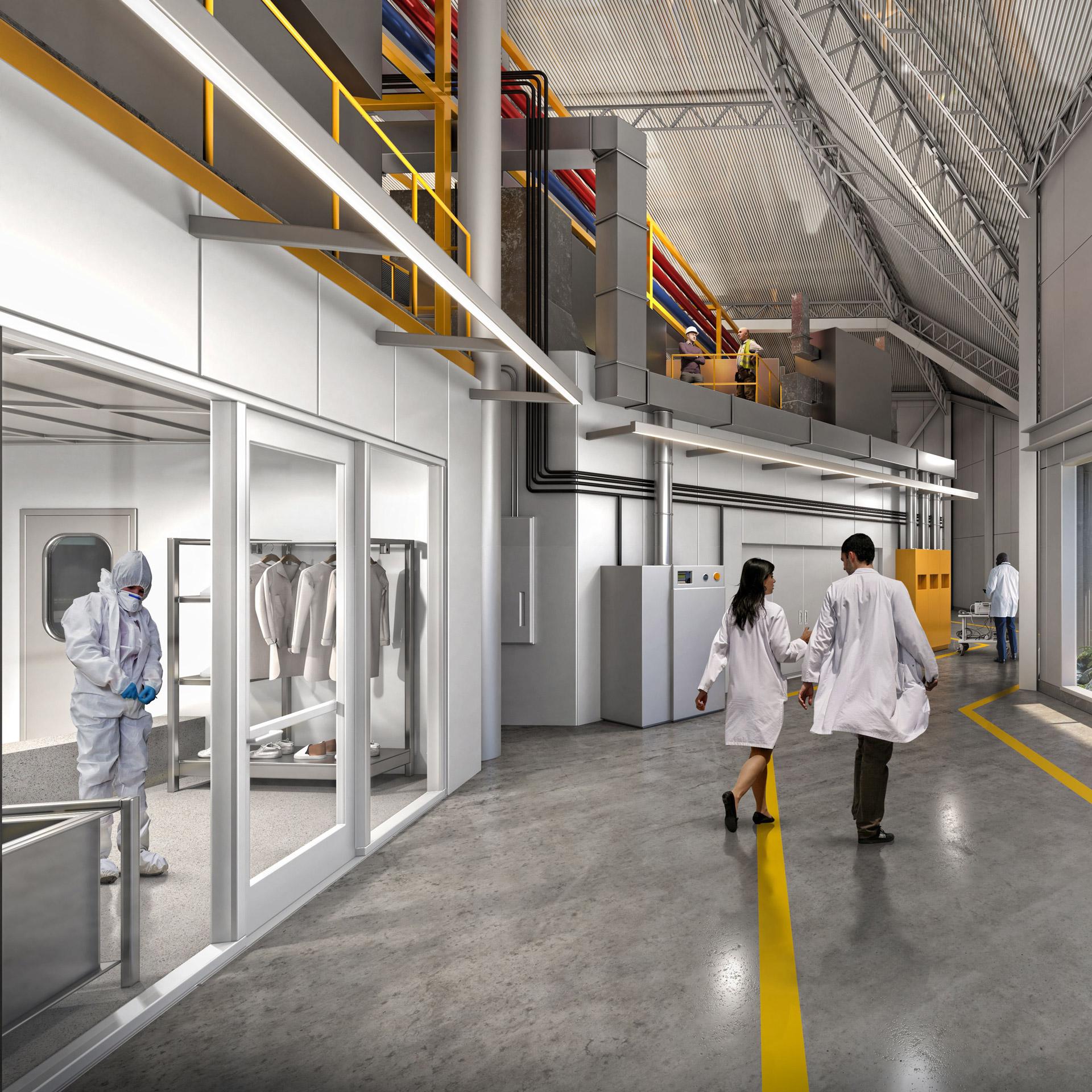 An image of engineers walking through a chip manufacturing facility.