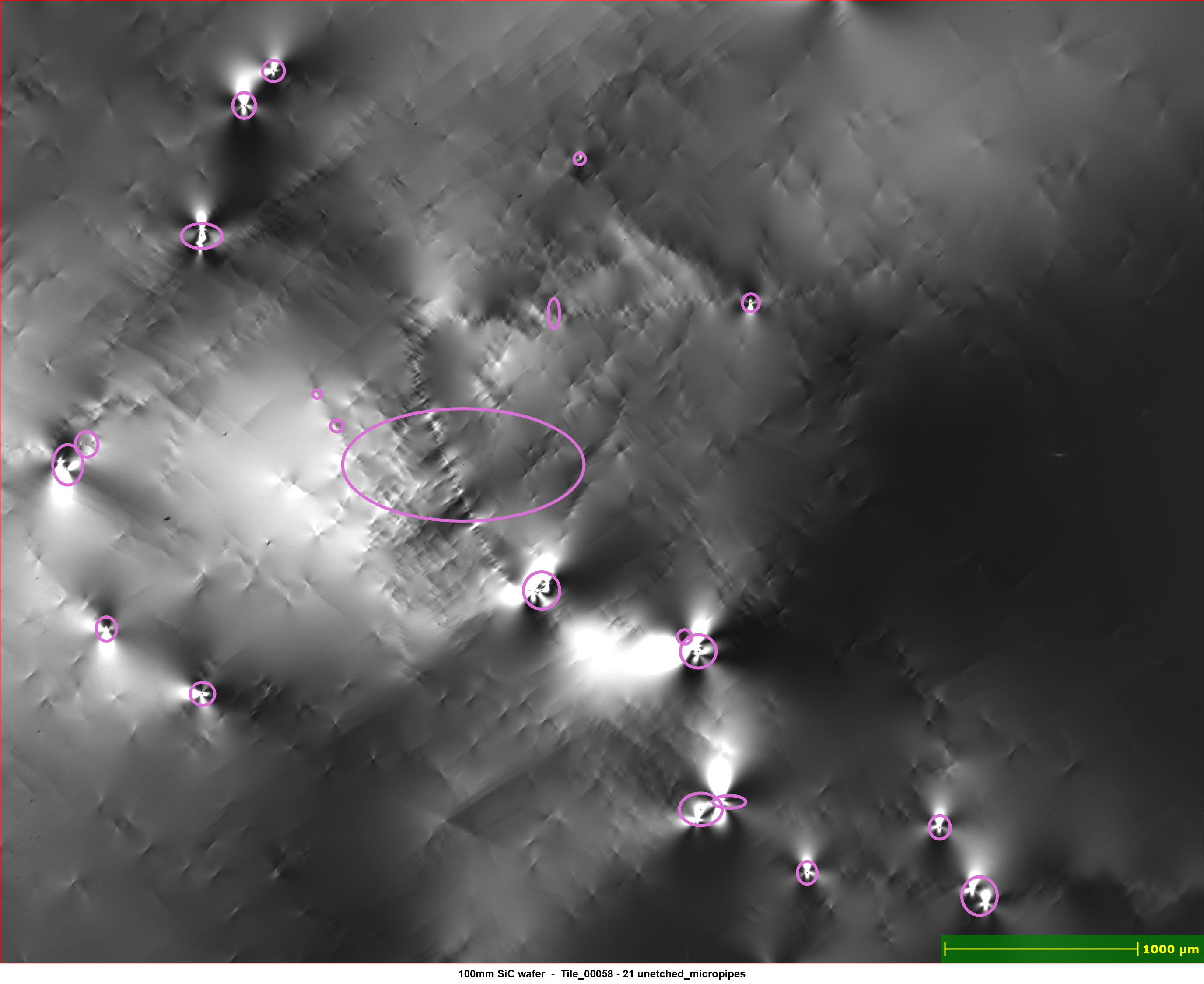 Scanned image showing micropipe defects in SiC wafer