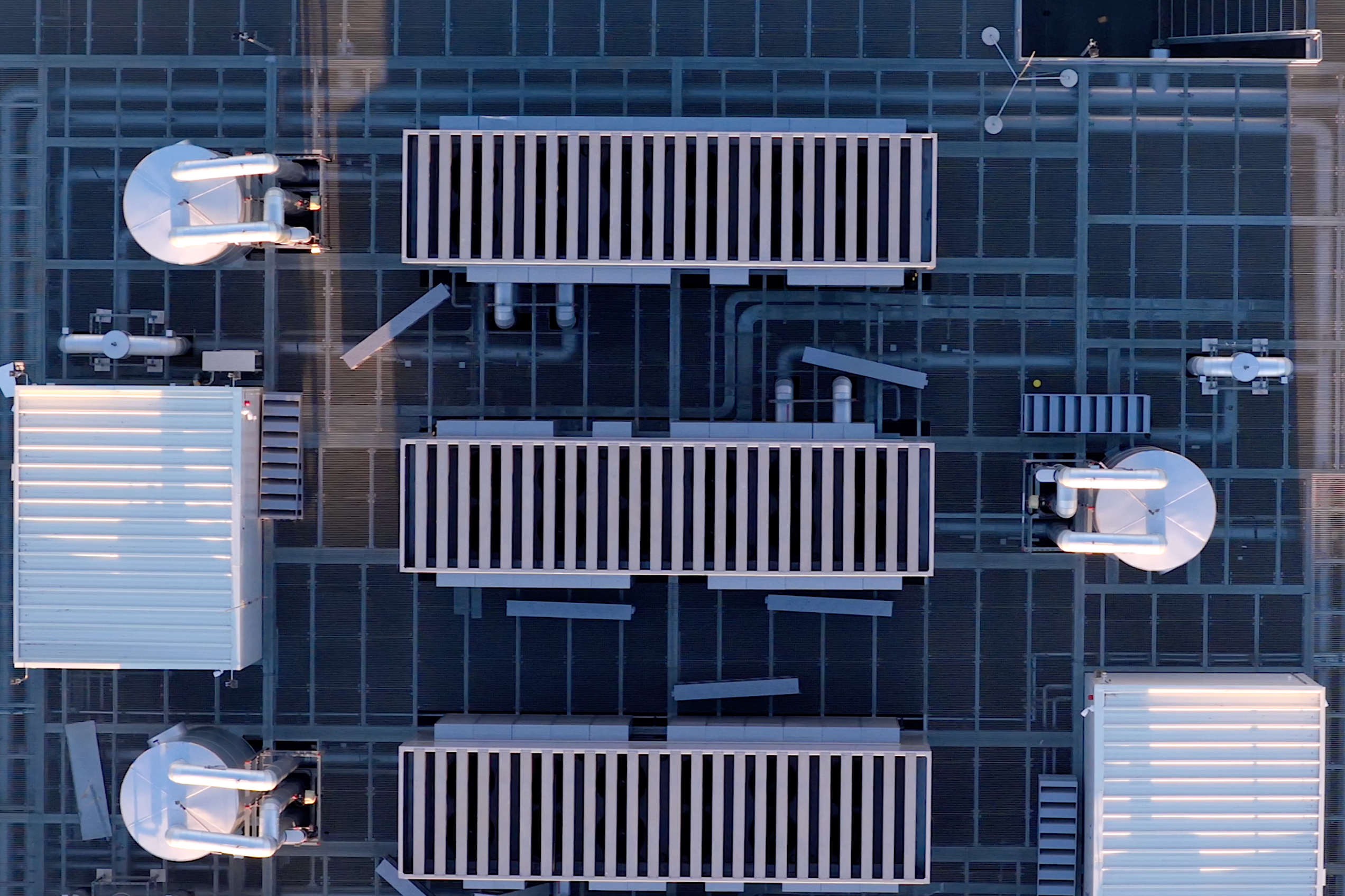 Aerial view of cooling on data center rooftoop