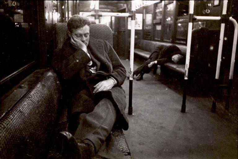 35mm photo by Stanley Kubrick. Men sleeping in a subway car, 1946. Courtesy of the Museum of the City of New York.