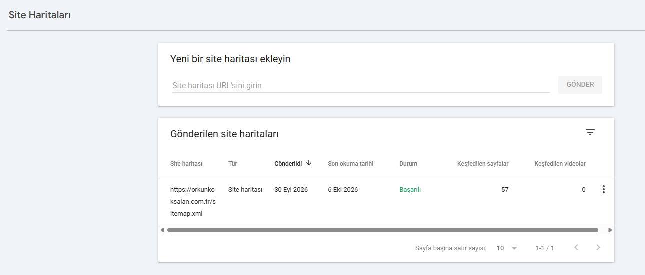Google Search Console Site Haritaları raporunda başarılı sitemap durumu, son okunma tarihi ve 57 keşfedilen sayfa