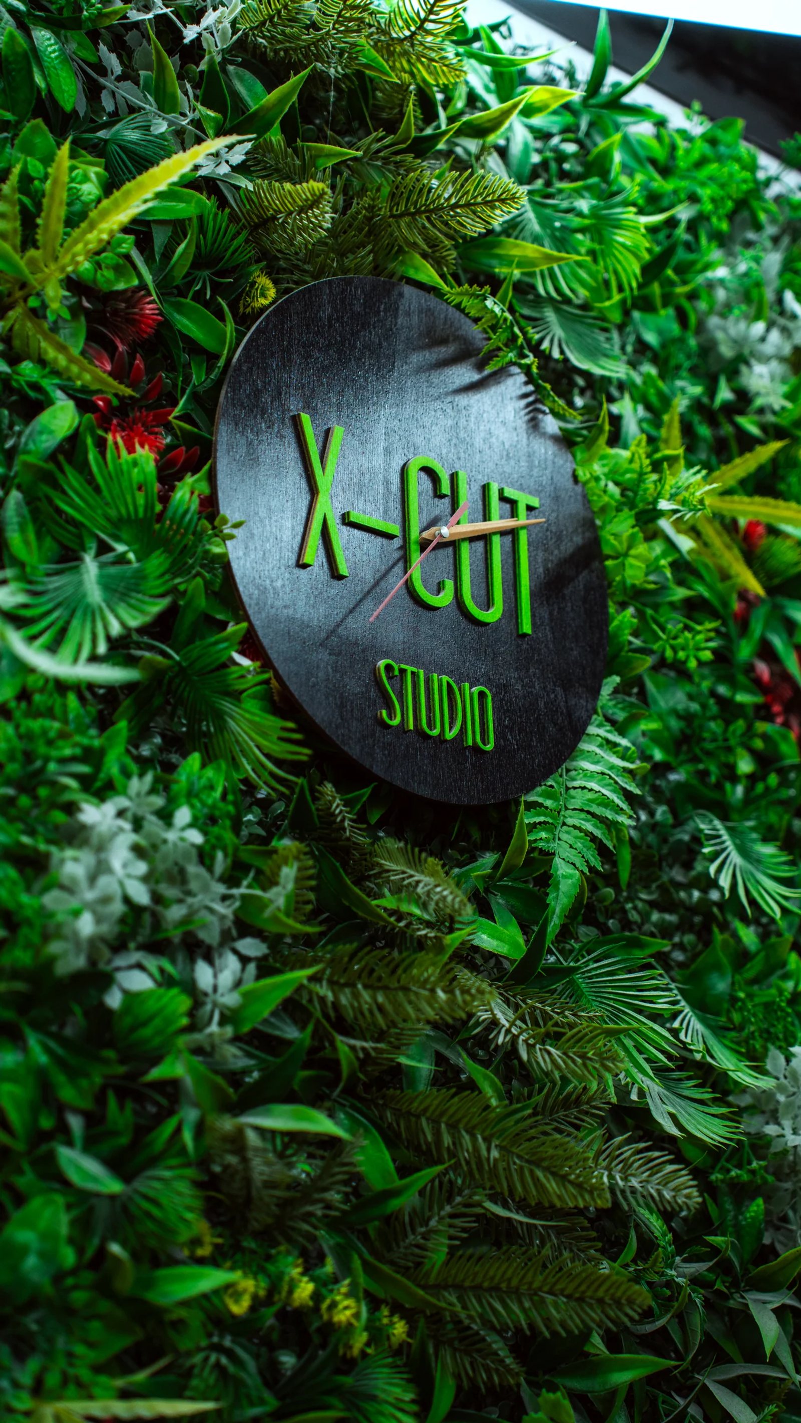 Sigla X-Cut Studio montată pe un perete verde