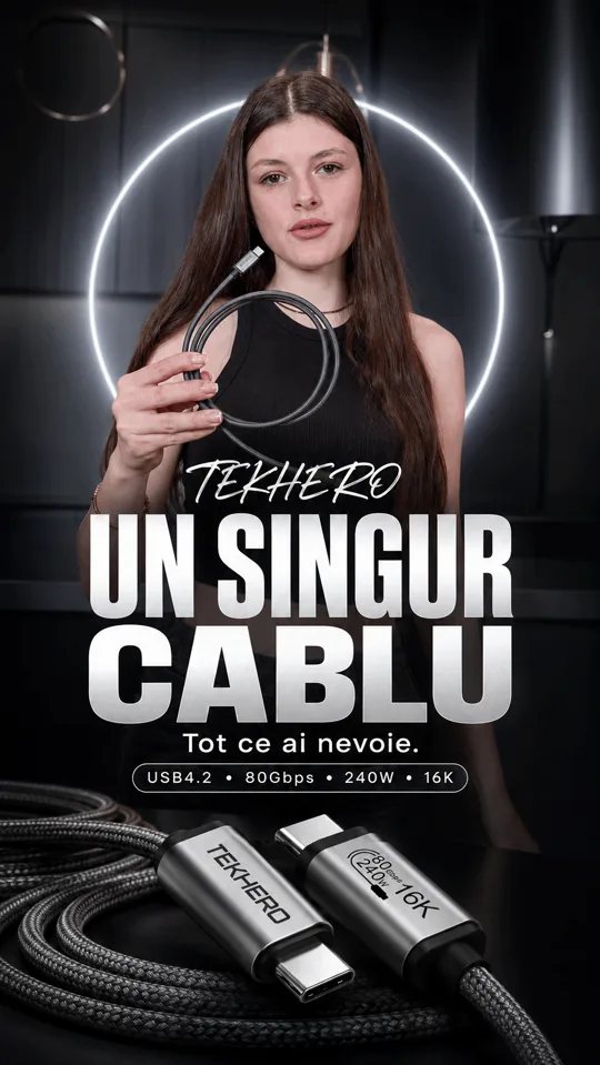 Reclamă social media pentru cablul TEKHERO USB-C USB4.2, 240W, cu accent pe încărcare rapidă și transfer de date.