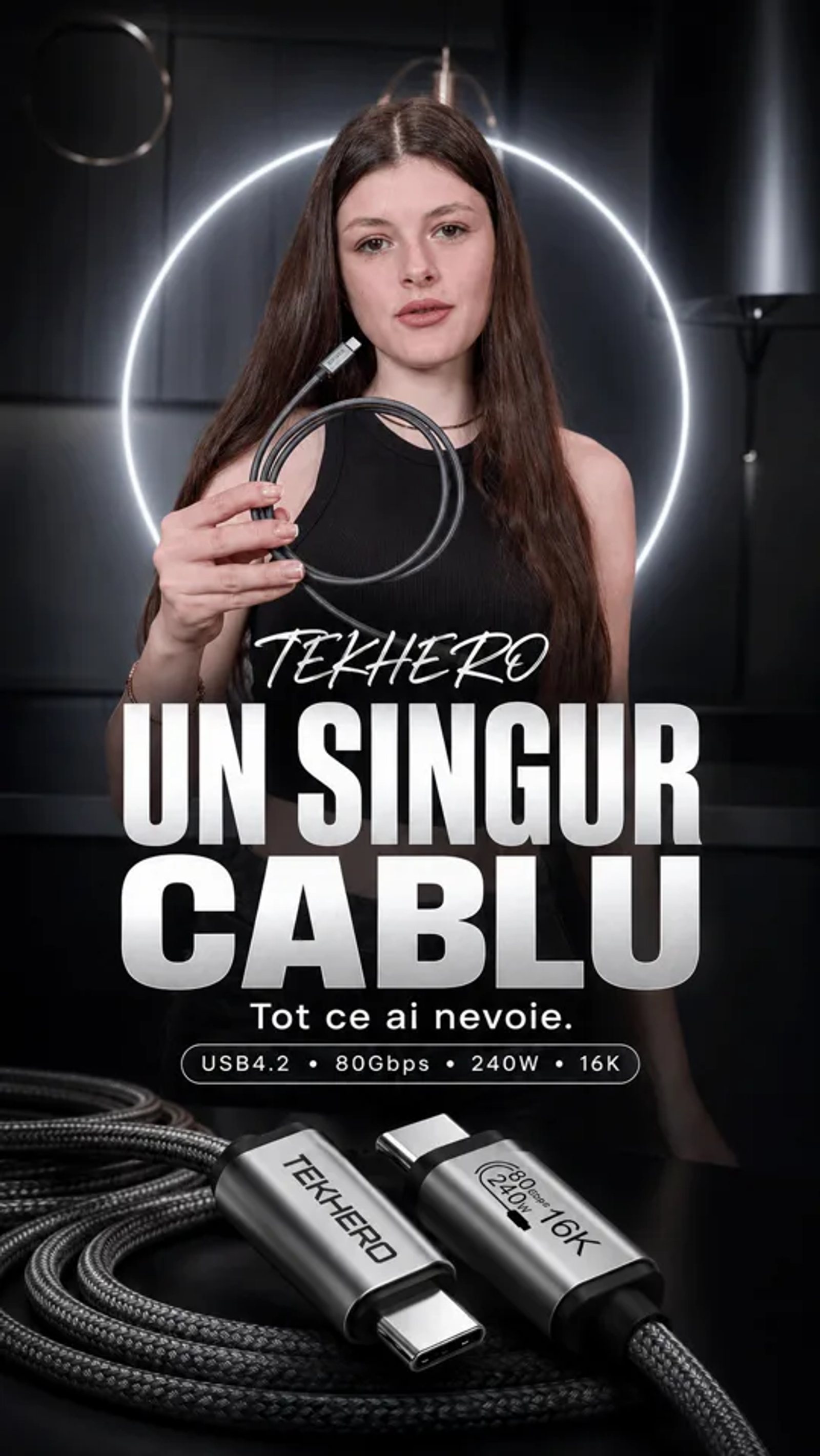 Reclamă social media pentru cablul TEKHERO USB-C USB4.2, 240W, cu accent pe încărcare rapidă și transfer de date.