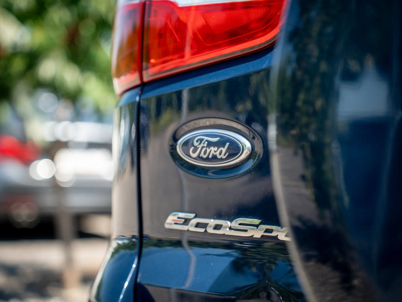 Ford EcoSport — prim-plan al emblemei de pe caroserie.