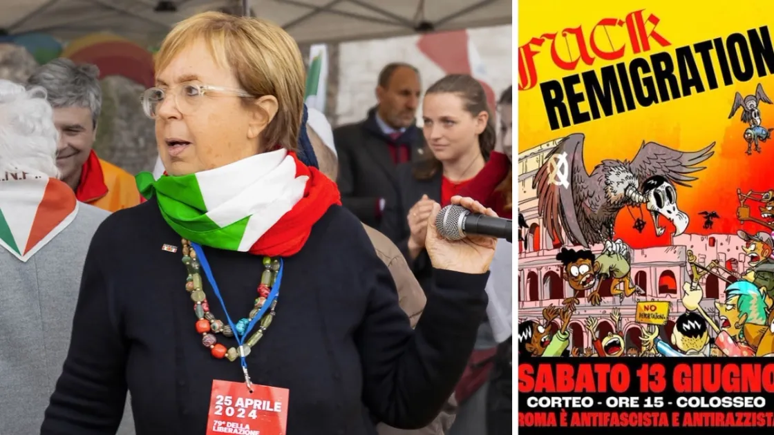 La presidente dell’ANPI provinciale di Roma Marina Pierlorenzi e il volantino della contro-manifestazione di sabato 13 giugno