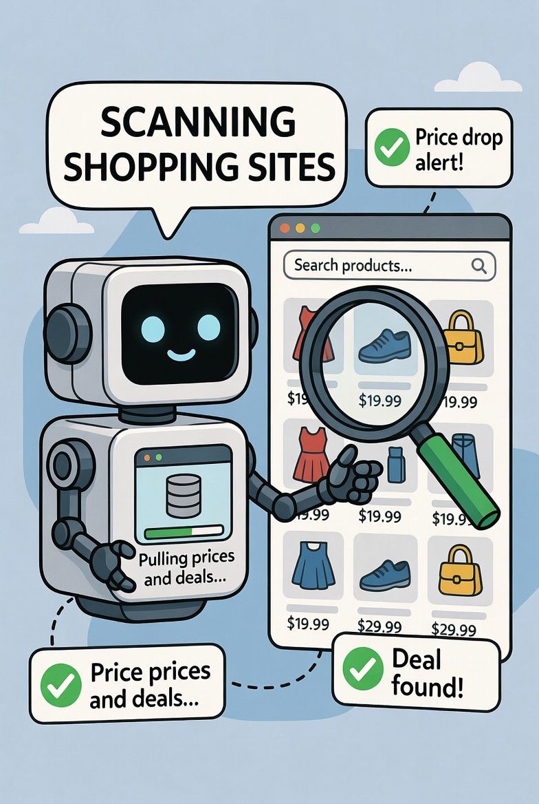 Cartoon of a robot scanning shopping websites, pulling prices and deals into a database with alert notifications popping out