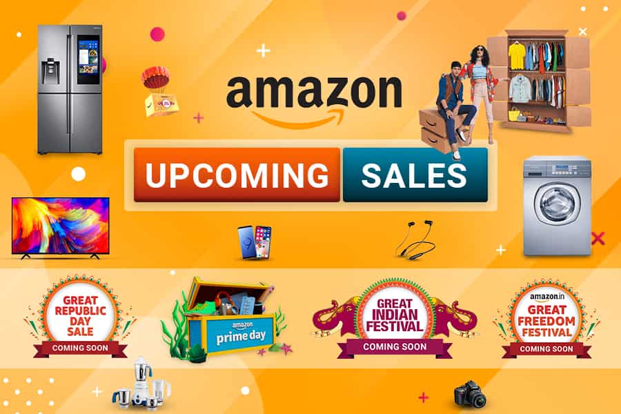 Vibrant banner showcasing upcoming Amazon sales in India with deals on electronics, fashion, and home goods