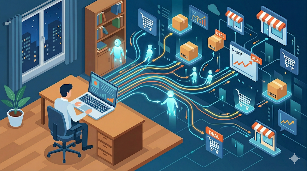 Futuristic illustration of a shopper at a laptop surrounded by glowing AI agents handling price comparisons, deals, and automated purchases across online stores