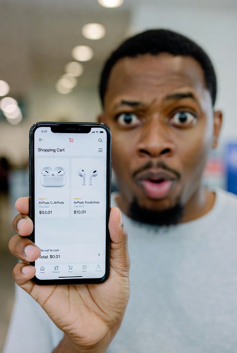 Surprised shopper staring at an online cart with massive AirPods discount from a price glitch