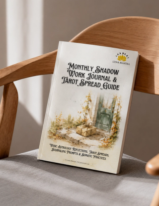 Luna Mantra Monthly Shadow Work Journal and Tarot Spread Guide printed journal mockup propped against a light wooden chair with a grey linen cushion, warm sunlight and soft shadows falling across a calm beige wall.