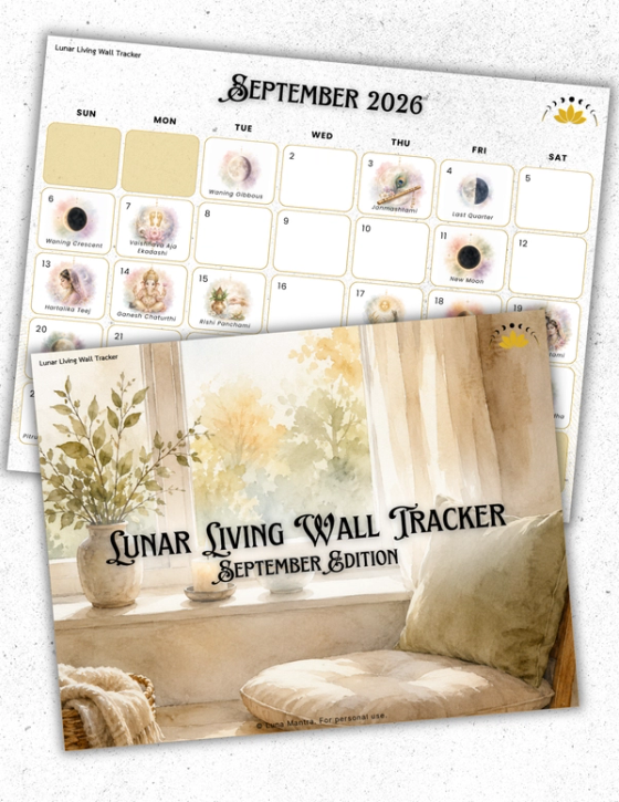 Luna Mantra September 2026 Lunar Living Wall Tracker shown as two layered printable pages, the watercolor window-seat cover overlapping the full September 2026 moon phase calendar grid with its illustrated lunar and festival dates.