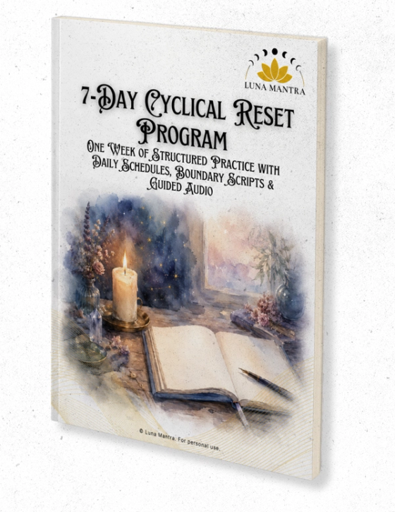 3D mockup of the Luna Mantra 7-Day Cyclical Reset Program digital workbook, featuring a one-week structured practice with daily schedules, boundary scripts, guided audio, candlelight, journaling pages, and soft mystical watercolor cover artwork.