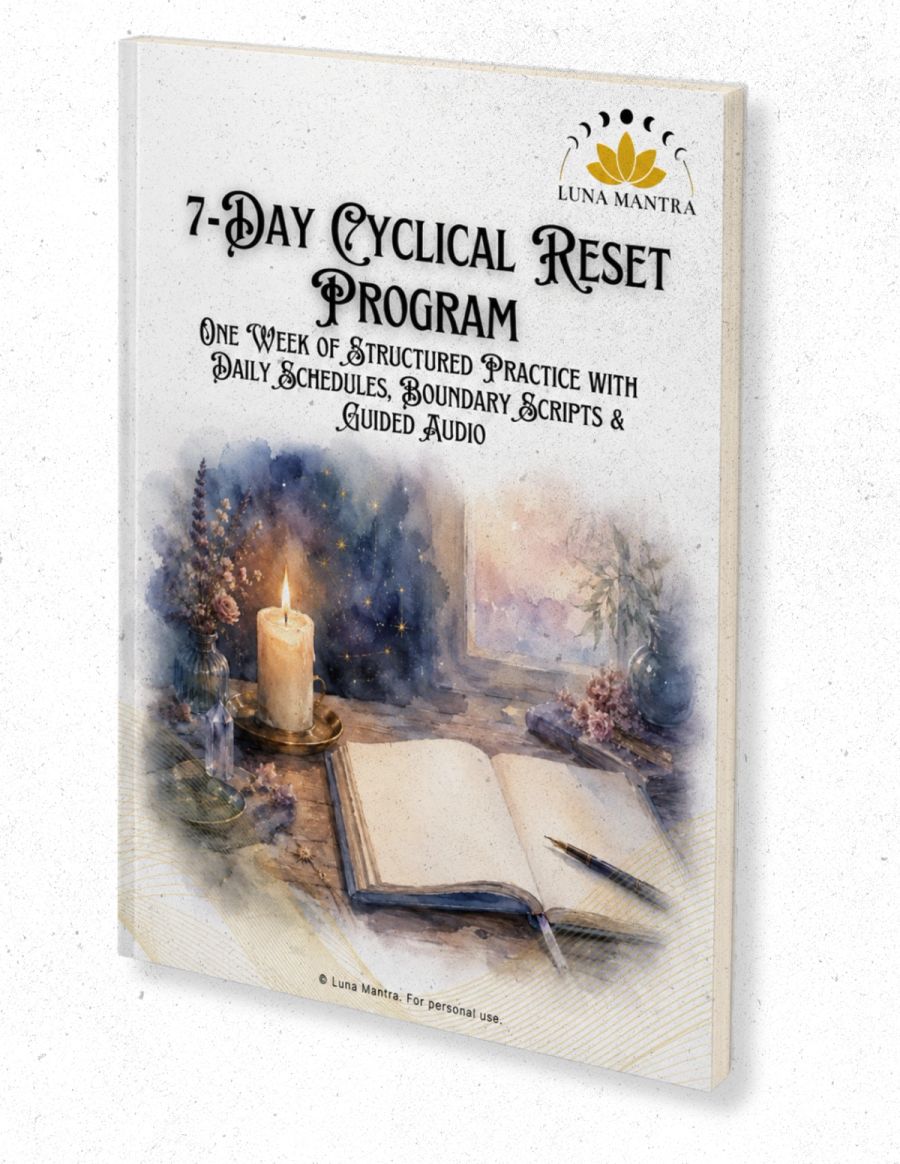3D mockup of the Luna Mantra 7-Day Cyclical Reset Program digital workbook, featuring a one-week structured practice with daily schedules, boundary scripts, guided audio, candlelight, journaling pages, and soft mystical watercolor cover artwork.