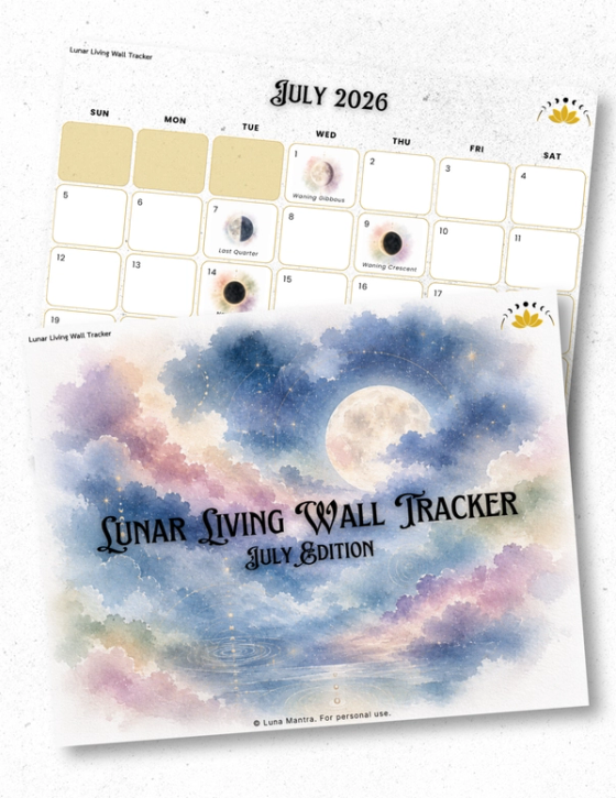 Luna Mantra July 2026 Lunar Living Wall Tracker printable calendar with moon phase dates, soft watercolor moon cover art, and a monthly lunar cycle layout for tracking new moon to full moon reflections.