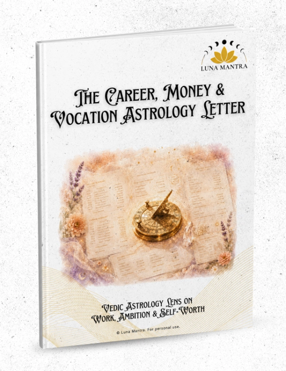 US letter size booklet mockup for The Career, Money & Vocation Astrology Letter by Luna Mantra, featuring a mystical Vedic astrology cover with a brass compass, financial pages, soft gold accents, and a thin 30-page book spine on a transparent background.
