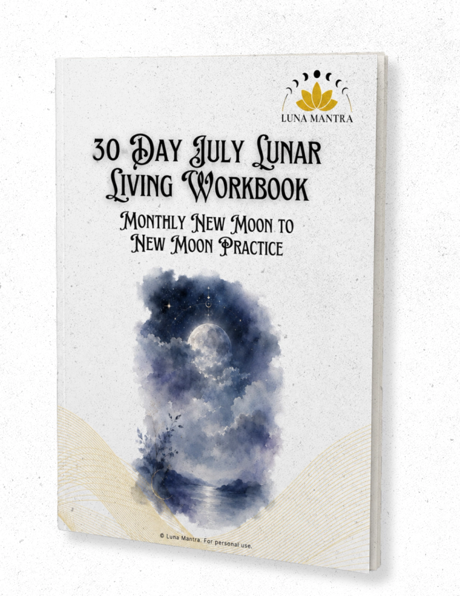 3D mockup of the Luna Mantra 30 Day July Lunar Living Workbook, a monthly new moon to new moon practice booklet with mystical moon watercolor cover art and soft celestial design.