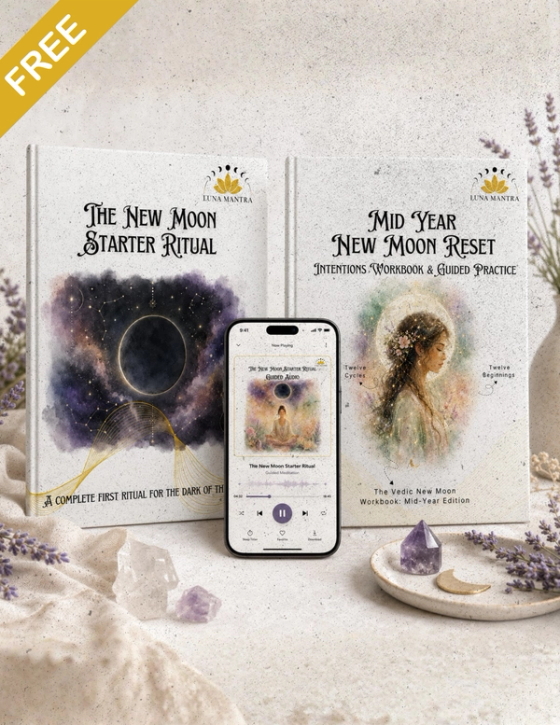 Free Luna Mantra bundle featuring The New Moon Starter Ritual booklet, Mid Year New Moon Reset intentions workbook, and New Moon Starter Ritual guided audio on a smartphone with crystals and lavender.