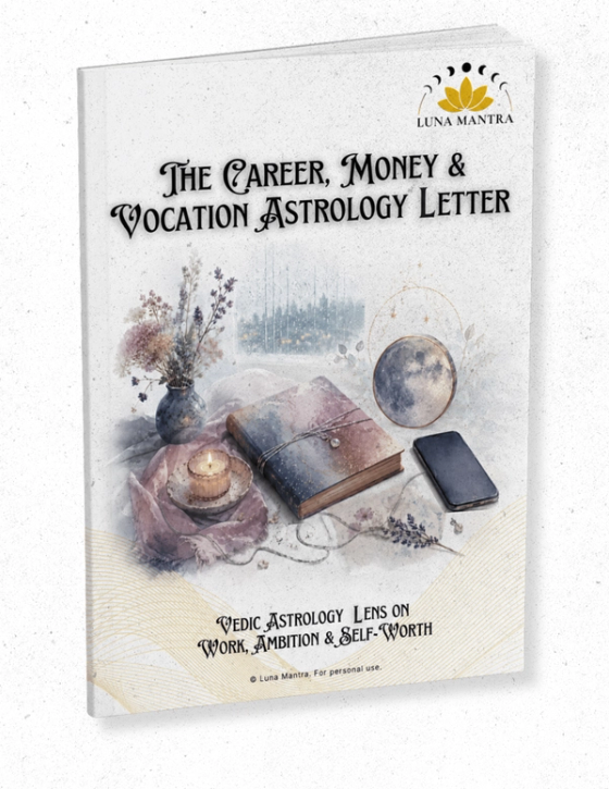 3D mockup of the Luna Mantra Career, Money & Vocation Astrology Letter digital booklet, featuring a Vedic astrology lens on work, ambition, money, and self-worth with a mystical journal, candle, moon, flowers, and phone on the cover.