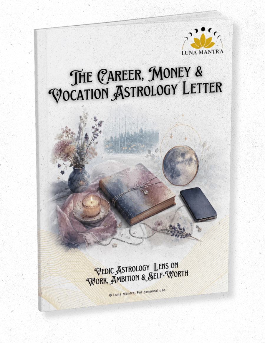 3D mockup of the Luna Mantra Career, Money & Vocation Astrology Letter digital booklet, featuring a Vedic astrology lens on work, ambition, money, and self-worth with a mystical journal, candle, moon, flowers, and phone on the cover.