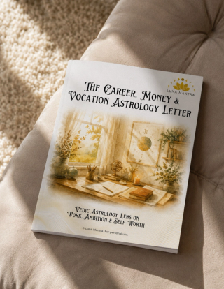 Luna Mantra September Career, Money & Vocation Astrology Letter as a printed booklet resting on a cream quilted cushion beside a soft textured throw in warm daylight, its watercolor desk-by-the-window cover facing up.
