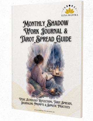 3D mockup of the Luna Mantra Monthly Shadow Work Journal and Tarot Spread Guide booklet, featuring Vedic astrology reflections, tarot spreads, journaling prompts, somatic practices, and soft mystical watercolor cover artwork.