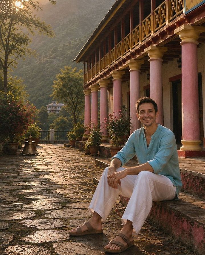 Founder of Luna Mantra sitting on the lower step of an Asian temple.