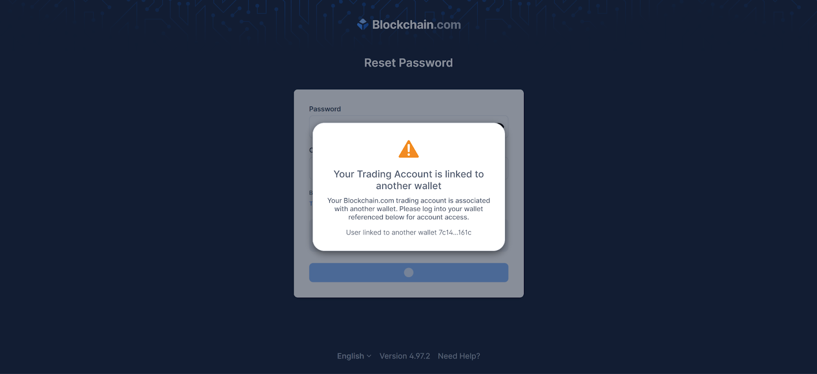 Blockchain.com reset password screen showing “Your Trading Account is linked to another wallet”.