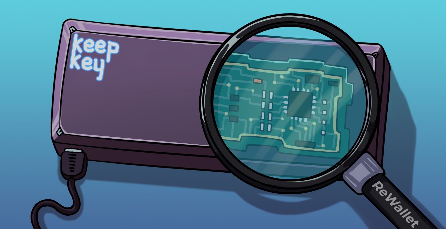 Hardware wallet KeepKey sous une loupe ReWallet révélant son circuit imprimé.