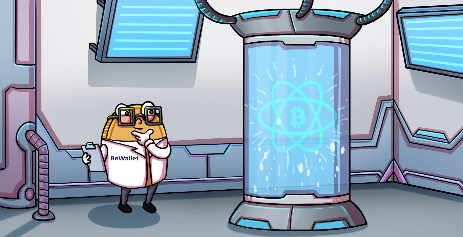 ReWallet scientist inspecting a glowing Electrum wallet chamber with a Bitcoin symbol.