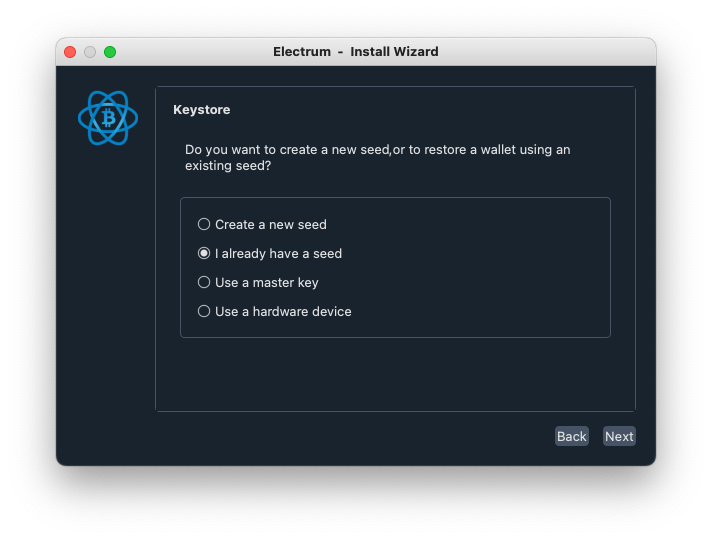 Electrum install wizard keystore screen with “I already have a seed” selected.