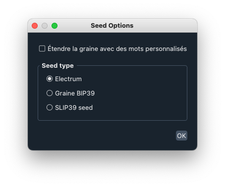 Fenêtre Seed Options d’Electrum avec types de graine Electrum, BIP39 et SLIP39.