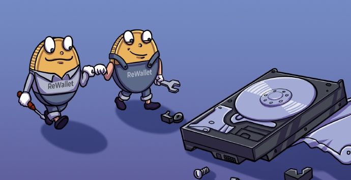Two ReWallet coin mascots with tools walking toward an open damaged hard drive.
