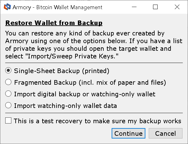 Armory Import or Restore Wallet dialog showing single-sheet, fragmented and digital backup options