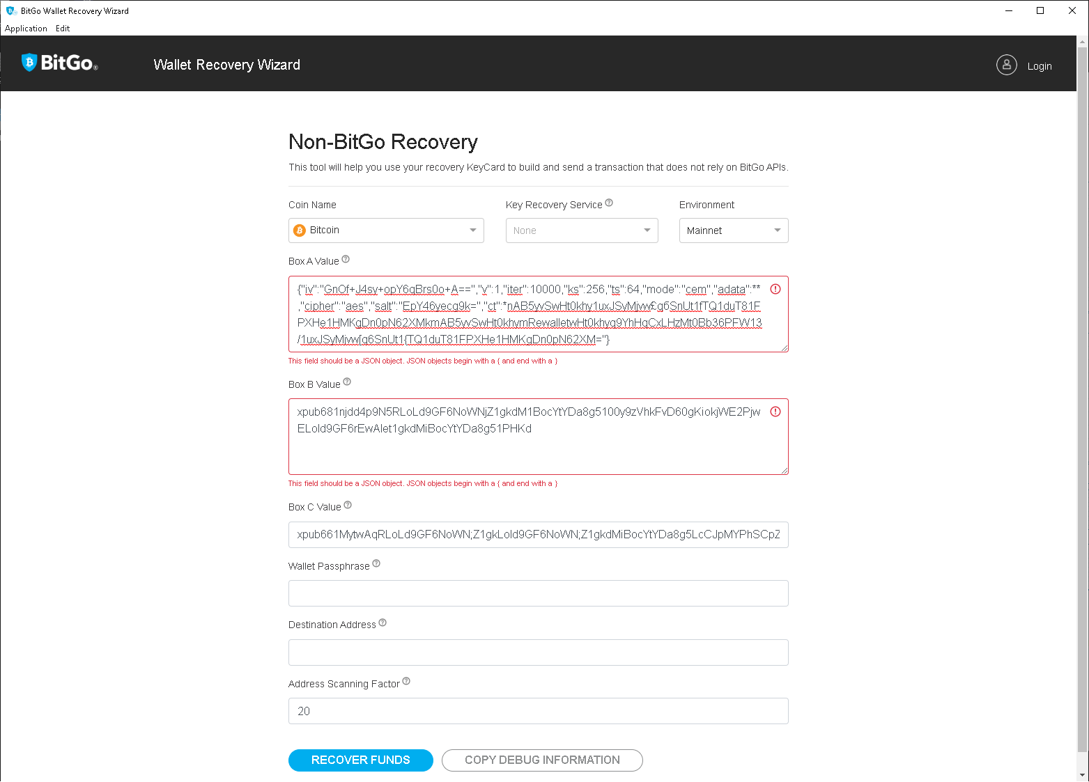 BitGo wallet recovery wizard filled with user information for Non-BitGo Recovery