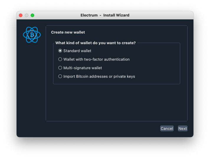 Electrum install wizard screen for choosing the type of new wallet.