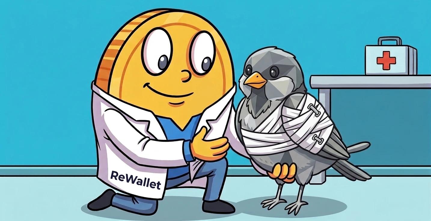A ReWallet helper guiding a small sparrow back to a Bitcoin nest, representing Sparrow wallet recovery.