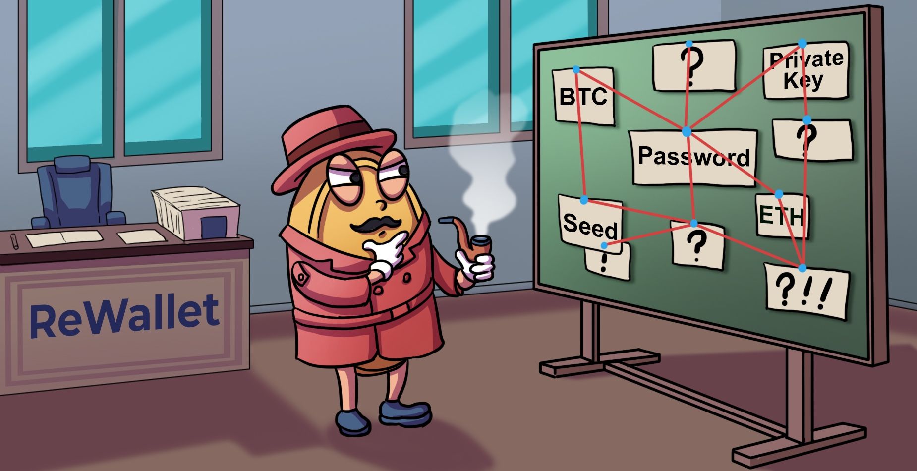 ReWallet-Detektiv vor einer Ermittlungstafel mit BTC-, Passwort-, Seed-, Private-Key- und ETH-Hinweisen.